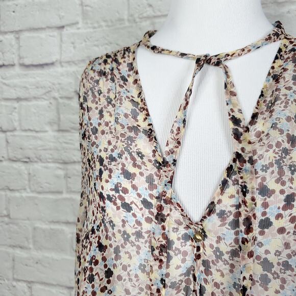 Theory Top Silk Bernetta Floral Crinkle Chiffon Tie Neck Sheer Long Sleeve Sz L - Picture 5 of 13